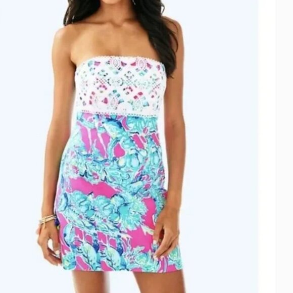 Lilly Pulitzer Brynn Dress Raz Berry Lobsters - Strapless Lace- Size 0 - Picture 11 of 14